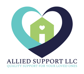 Allied Support LLC - Heart-shaped logo with teal and navy swirls, green house icon with white heart, quality support for your loved ones
